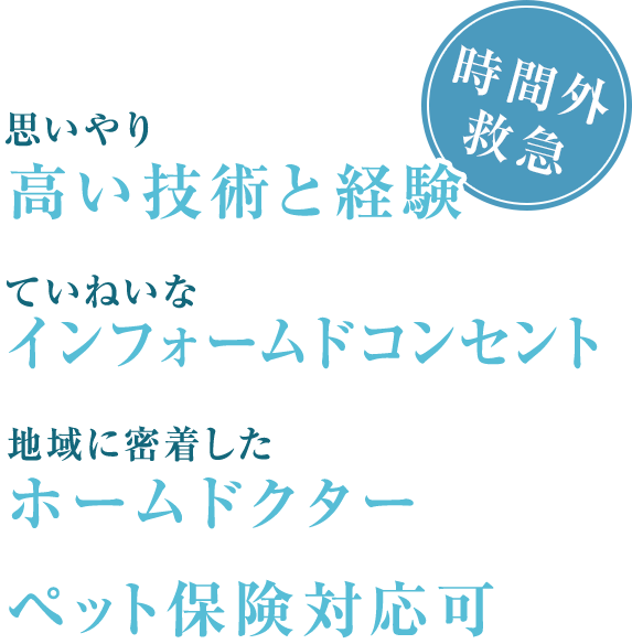 思いやり 高い技術と経験 ていねいなインフォームドコンセント 地域に密着したホームドクター